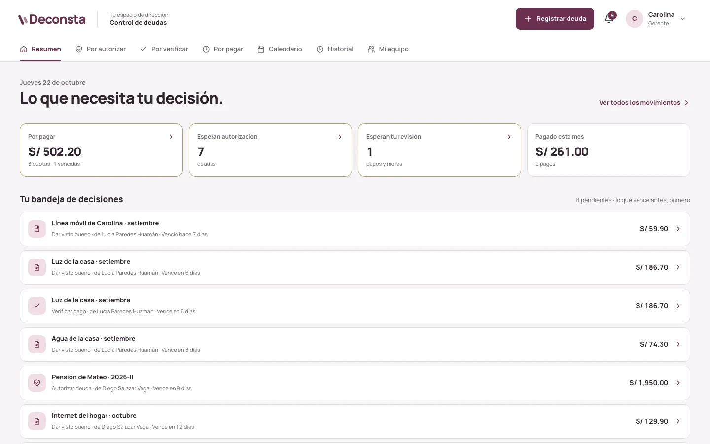 Resumen de la gerencia en Deconsta: montos por pagar, deudas que esperan autorización y una bandeja de decisiones ordenada por vencimiento.
